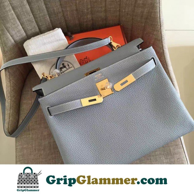 Hermes Blue Lin Clemence Kelly Retourne 32cm Lushentic AAAAA Grade Replica - Image 4