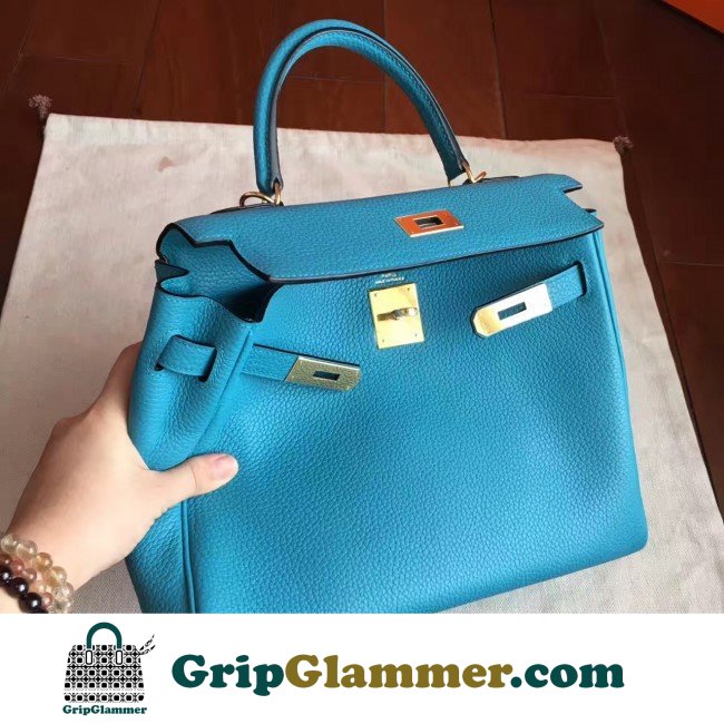 Hermes Turquoise Clemence Kelly Retourne 28cm Lushentic AAAAA Grade Replica - Image 3